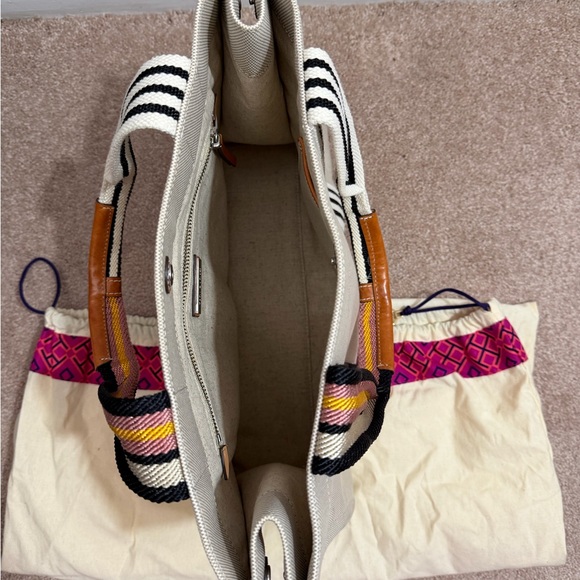 Tory Burch Beige Tote with Multicolor Striped Handles - Picture 5 of 8